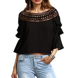 Crochet Lace Hollow Out Neckline Ruffle Top Blouse